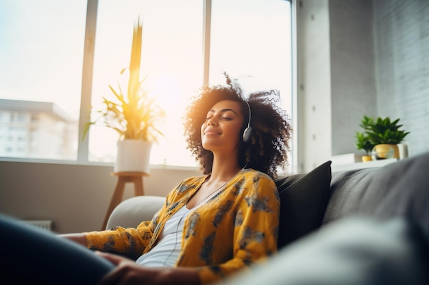 Heureuse femme afro-américaine relaxante sur le canapé à la maison Generative AI