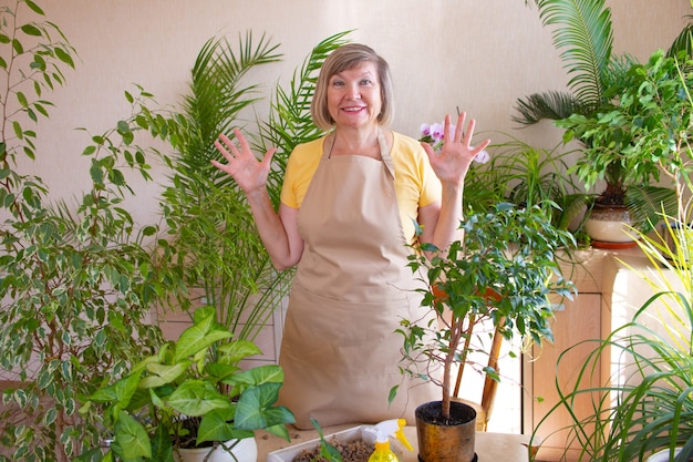 Heureuse femme âgée blogueuse jardinière montre la classe avec les mains et prend soin des plantes