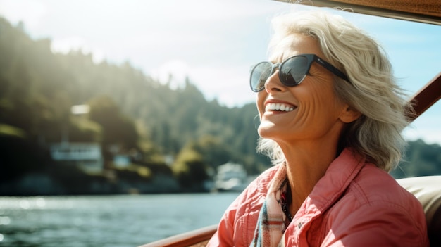 heureuse femme âgée se reposant sur un bateau