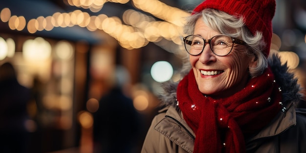 Heureuse femme âgée souriante dans des lunettes et des vêtements d'hiver marchant dans la rue de la ville de Noël