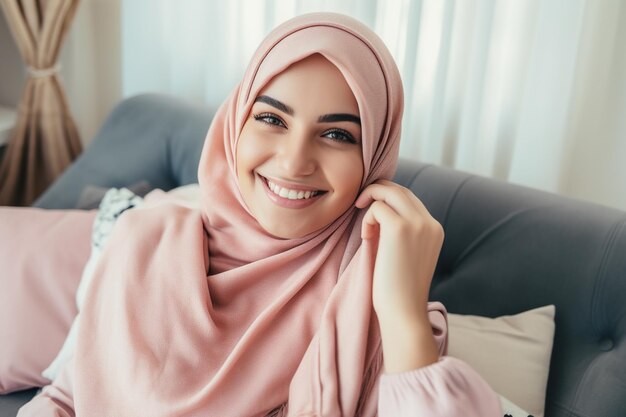 Heureuse femme arabe se détendant sur le canapé à la maison Fille prenant une photo de selfie avec un smartphone