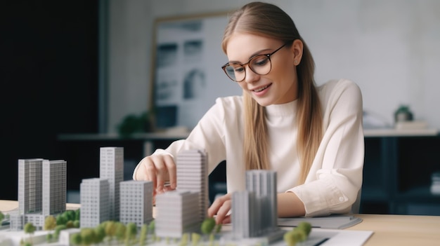 Heureuse femme architecte regardant des modèles architecturaux avec des bâtiments et des espaces verts Generative AI AIG21