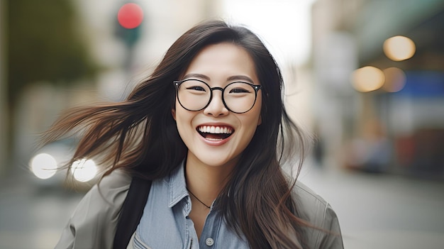 Heureuse femme asiatique satisfaite portant des lunettes portrait à l'extérieur de l'IA générative