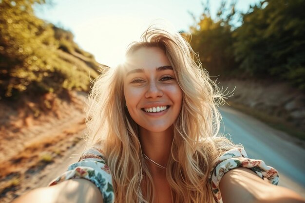 Heureuse femme blonde prenant des selfies motivation et santé paix et espoir Une femme sourit optimisme