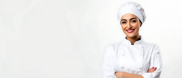 Photo heureuse femme chef portant un uniforme et une casquette avec espace de copie pour le texte