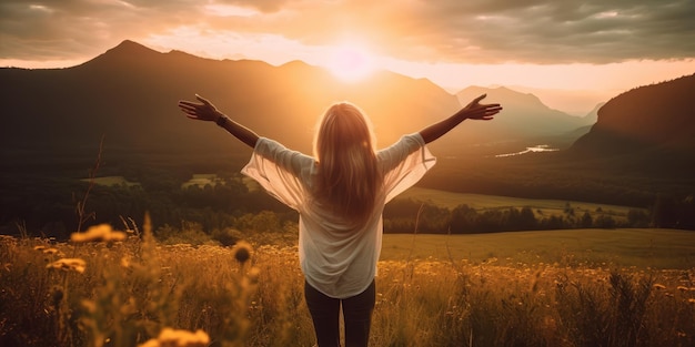 Heureuse femme debout dos au coucher du soleil dans la nature avec les mains ouvertes