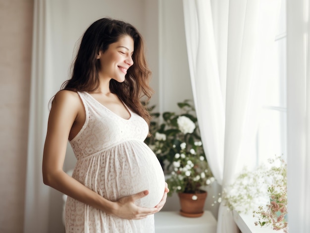 Heureuse femme enceinte en touchant son ventre