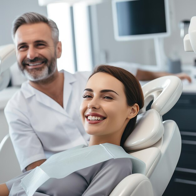 Heureuse femme faisant un examen dentaire à la dentisterie Dentiste utilisant du matériel dentaire pour l'examen