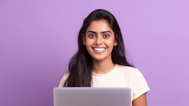 Heureuse femme indienne avec un ordinateur portable travaillant ou étudiant en ligne sur fond lilas