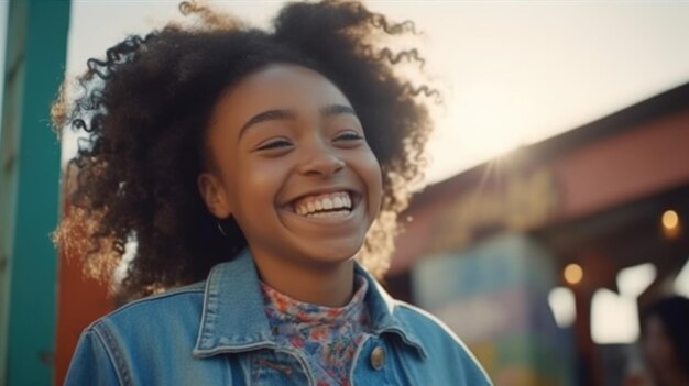 Heureuse femme millénaire métisse élégante en veste en jean avec sourire dentaire