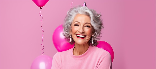 Heureuse femme mûre aux cheveux gris célébrant la fête du Nouvel An sur fond rose avec espace pour copier