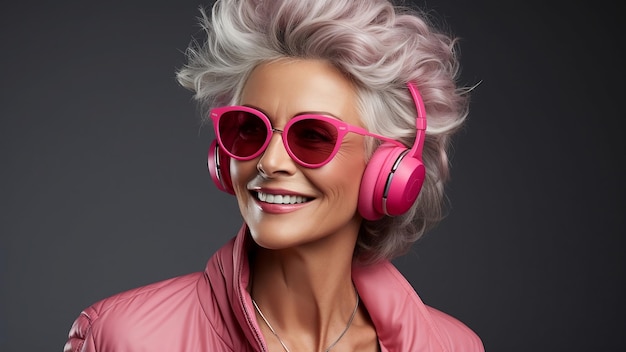 Heureuse femme mûre avec un casque rose et une veste rose dans des lunettes lumineuses