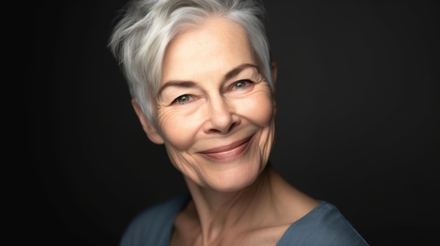 Heureuse femme mûre en studio portrait fond de couleur sombre IA générative AIG20