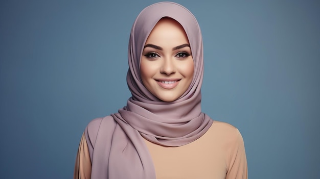 heureuse femme musulmane arabe en hijab souriant à la caméra isolée sur fond couleur portrait en studio