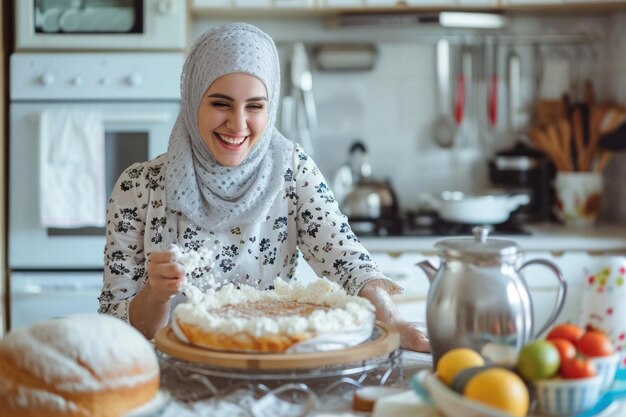 Heureuse femme musulmane préparant un gâteau dans la cuisine Generative AI