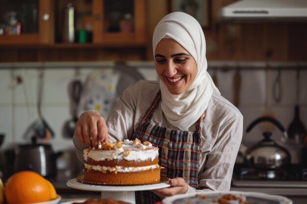 Heureuse femme musulmane préparant un gâteau dans la cuisine Generative AI