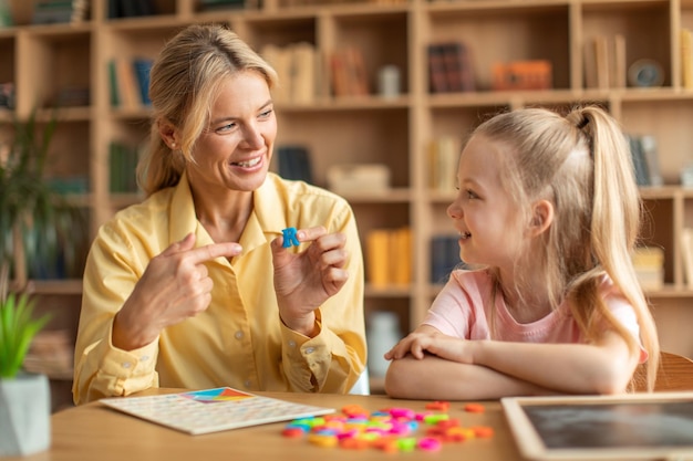 Heureuse femme orthophoniste enseignant à une petite fille avec des défauts de prononciation de dire le son R pendant l'entraînement personnel