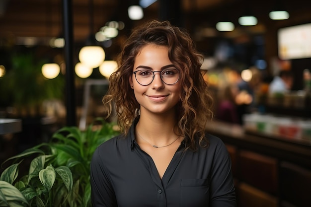 Heureuse femme propriétaire d'un magasin au café ou à l'épicerie avec les bras croisés Généré par l'IA