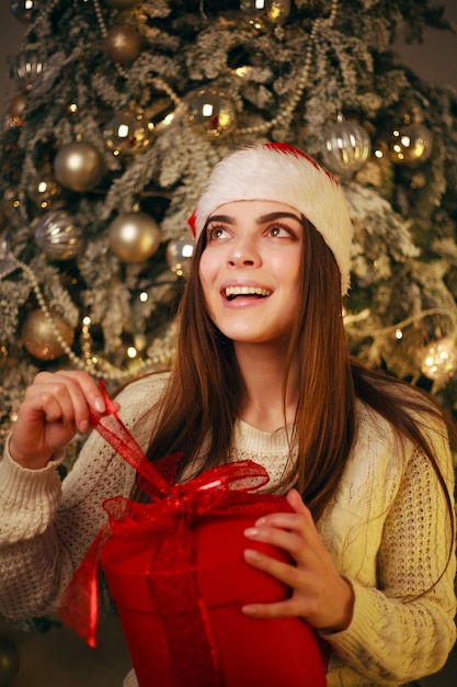 Heureuse femme rêveuse avec cadeau à la maison sur les décorations d'arbre du nouvel an