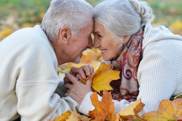 Heureuse femme senior et homme dans le parc