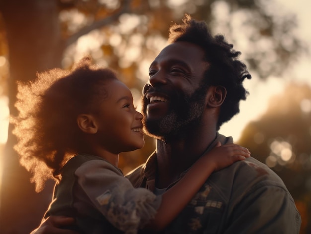 Heureuse fête des pères père et fille afro-américain souriant joyeusement