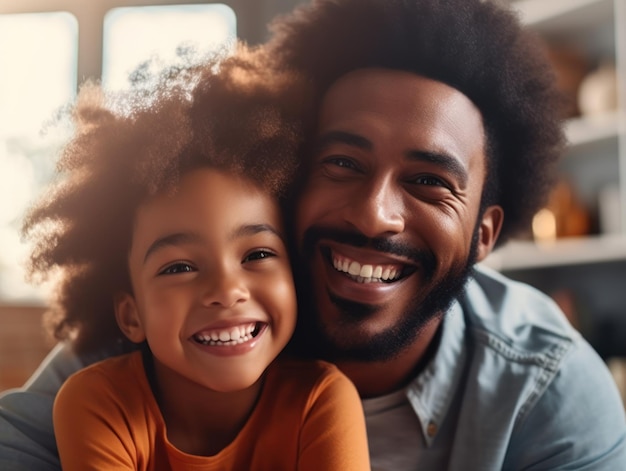 Heureuse fête des pères père et fille afro-américain souriant joyeusement