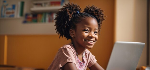 Heureuse fille afro-américaine à l'école avec un ordinateur portable