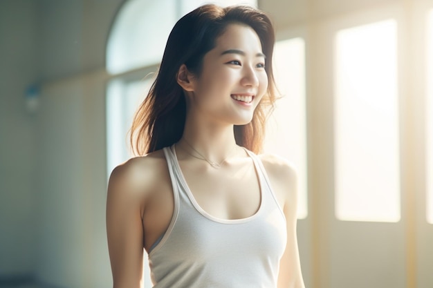 Heureuse fille asiatique faisant de l'exercice en débardeur blanc