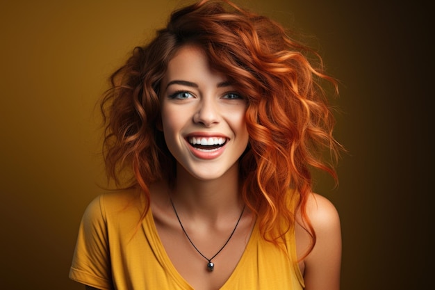 Heureuse fille rousse aux cheveux bouclés