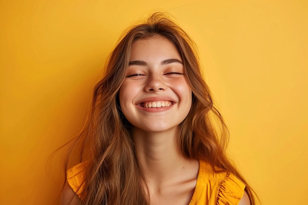 Heureuse fille souriante fond jaune