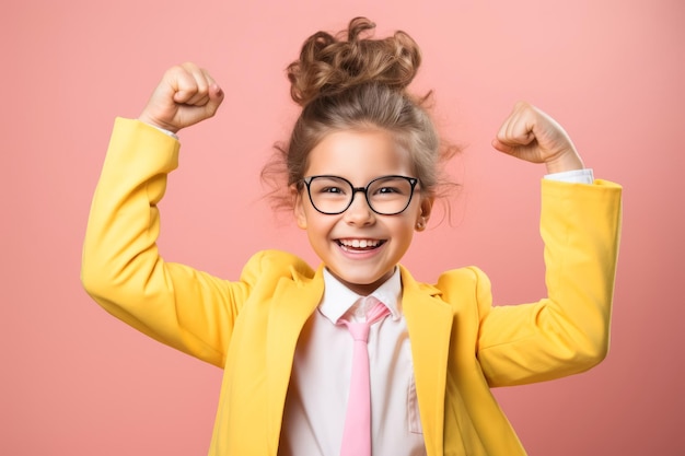 Photo heureuse gagnante écolière isolée sur fond jaune célèbre un nouveau succès énergie de puissance oui