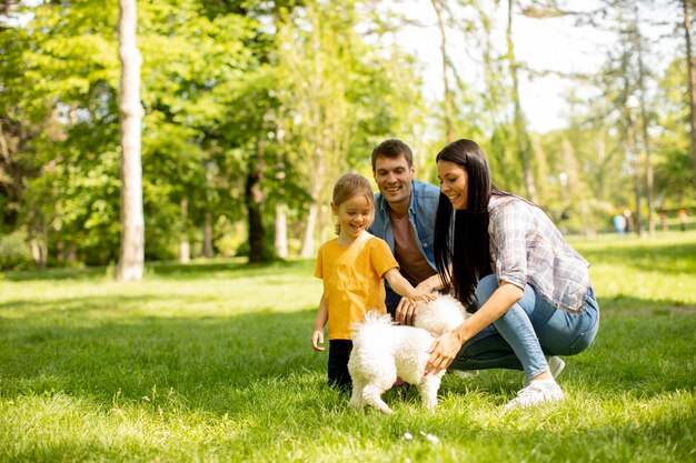 Heureuse jeune famille avec mignon chien bichon dans le parc