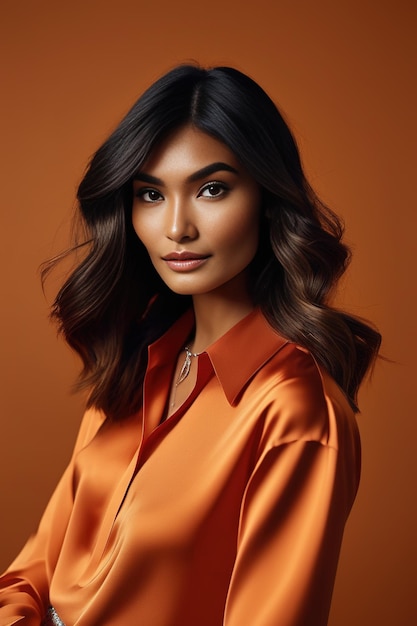 Heureuse jeune femme d'affaires indienne portant un costume orange regardant la caméra
