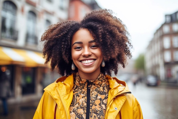 Heureuse jeune femme africaine portant une veste en jean en riant en regardant la caméra debout dans la rue Souriante adolescente afro-américaine génération z hipster fille posant en plein air rétro-éclairé avec la lumière du soleil Generative AI