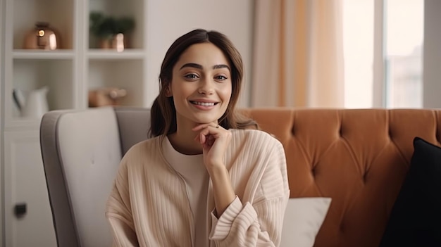 Heureuse jeune femme assise sur un canapé à la maison et regardant la caméra