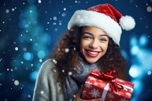 Heureuse jeune femme avec une boîte avec un cadeau de Noël sur un fond bleu neigeux Émotions vives Nouvel An