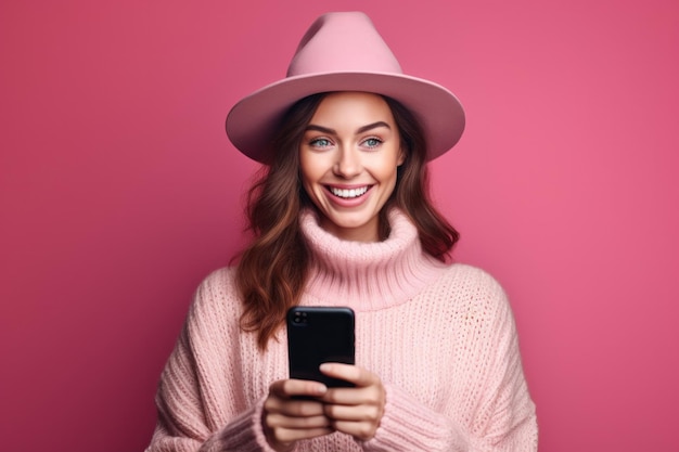 Heureuse jeune femme caucasienne est en train de discuter au téléphone Portrait de fille joyeuse sur espace de copie rose