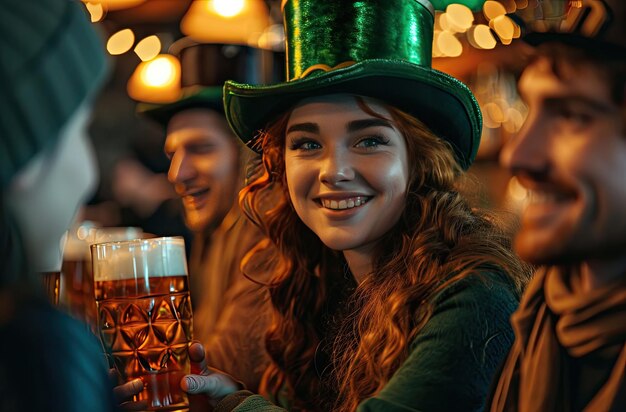 Heureuse jeune femme célébrant la Saint-Patrick avec des amis dans un pub