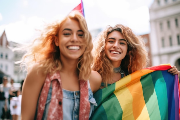 Heureuse jeune femme embrassant tenant le drapeau LGBTQ AI Generative