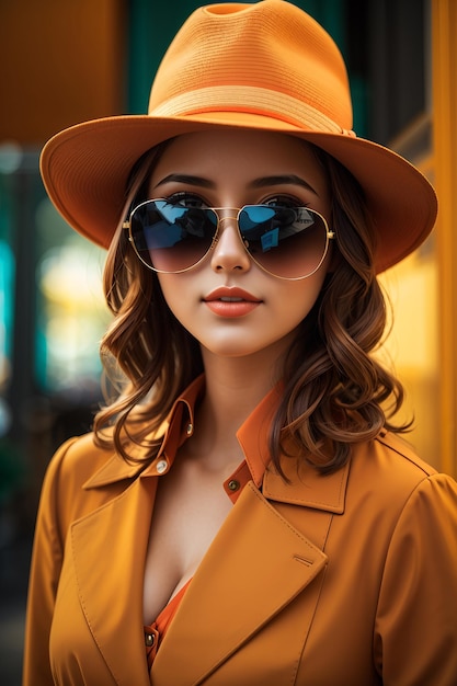 Heureuse jeune femme portant un chapeau à la mode et des lunettes de soleil