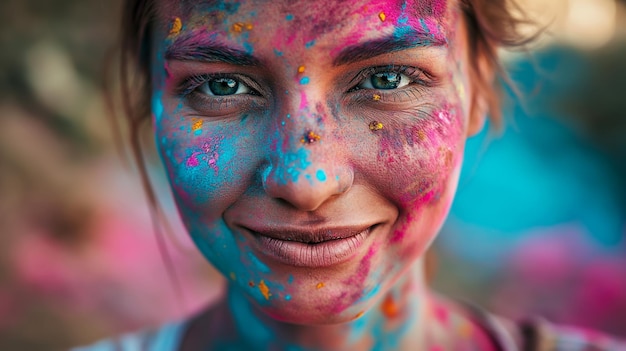 Heureuse jeune femme avec de la poudre Holi colorée rose et bleue souriante