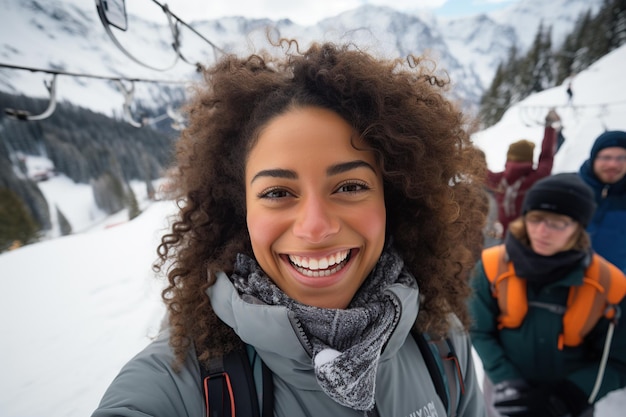 Heureuse jeune femme prenant un selfie en hiver AI généré