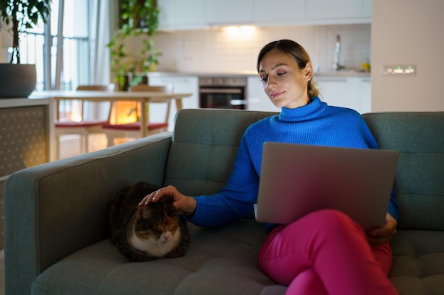 Heureuse jeune femme en pull bleu caresse la tête de chat domestique et travaille sur un projet d'entreprise sur ordinateur portable