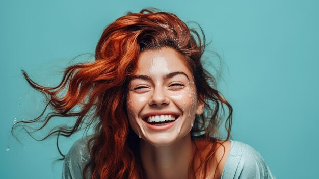 Heureuse jeune femme rousse aux cheveux mouillés regardant la caméra isolée sur bleu