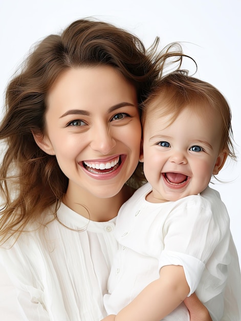 Heureuse jeune femme souriante s'amusant avec une jolie petite fille sur fond blanc