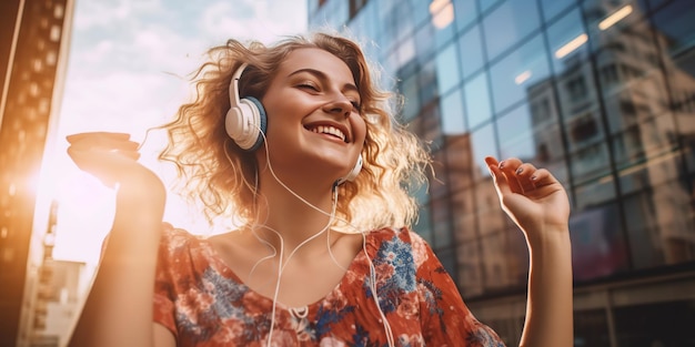 Heureuse jeune femme tenant un téléphone portable et écoutant de la musique via des écouteurs sans fil derrière un grand bâtiment