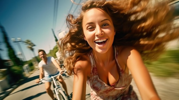 Photo heureuse jeune femme à vélo illustration ai generativexa