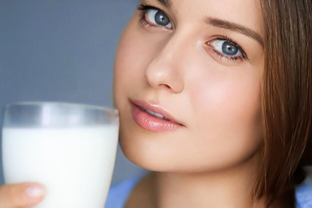 Heureuse jeune femme avec un verre de lait ou de milk-shake protéiné boisson cocktail saine pour l'alimentation et le bien-être