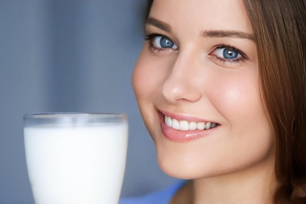 Heureuse jeune femme avec un verre de lait ou de milk-shake protéiné boisson cocktail saine pour l'alimentation et le bien-être