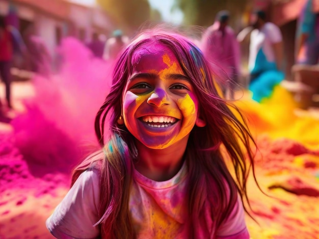 Photo heureuse jeune fille au festival des couleurs holi